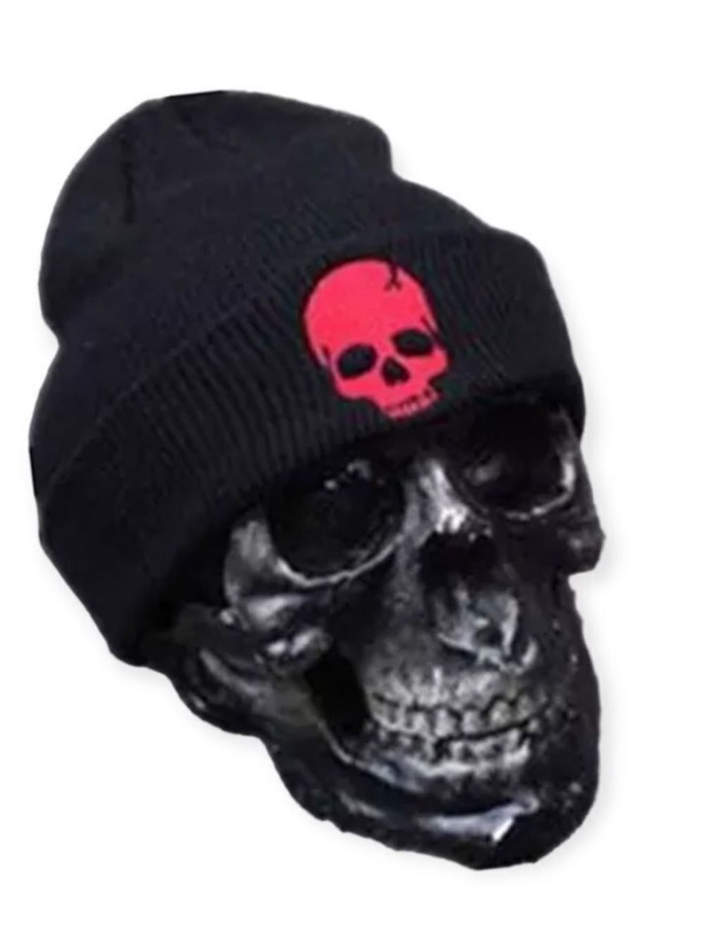 Black Rib Knit Beanie Red Embroidered Skull Skullcap OS
